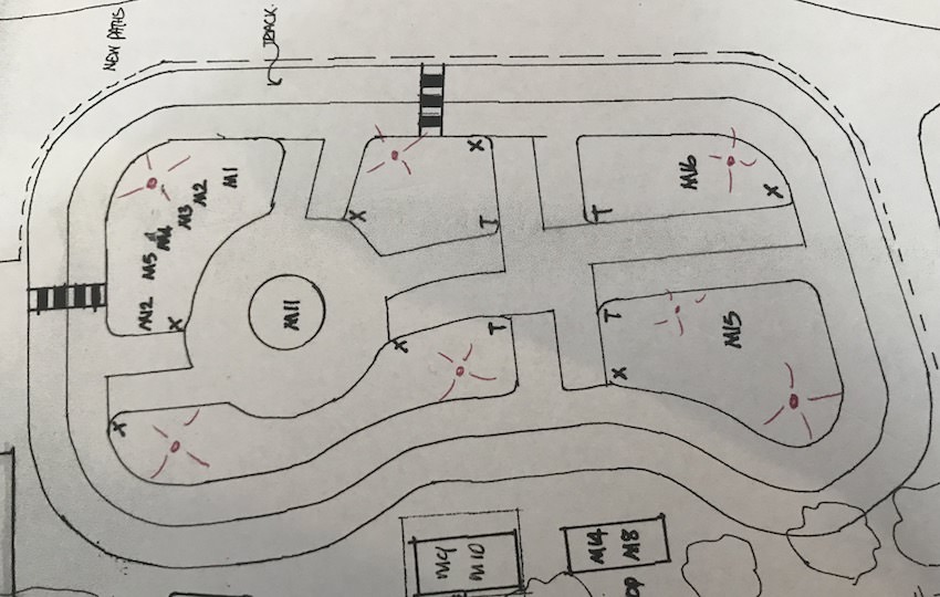 Rough drawing of the Monkey Mayhem Driving School track layout for the new The Monkey Mayhem Driving School at Sundown